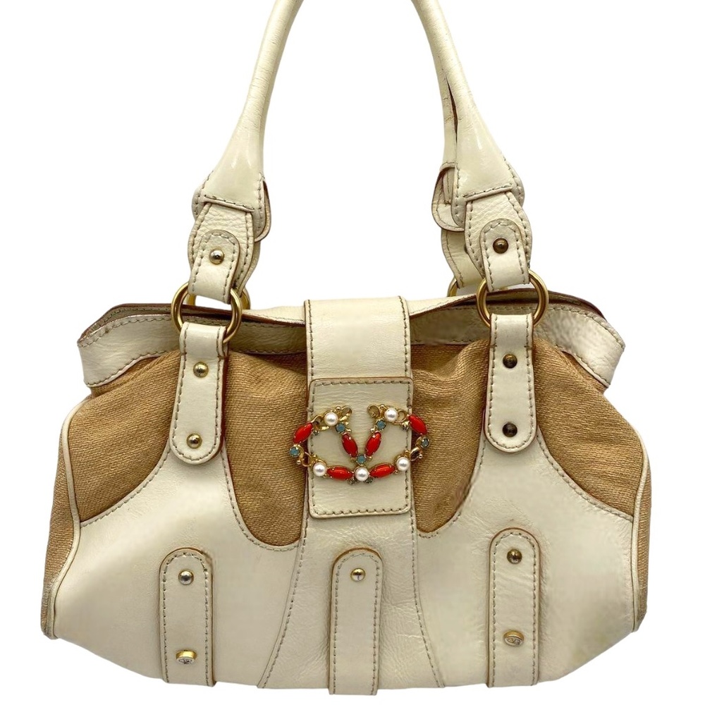 Valentino Garavini Cream/Beige Fabric And Leather VLogo Flap Shoulder Bag